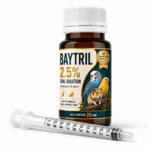 Baytril 2.5% Oral Solution for pet birds and small animals, enrofloxacin 25 mg per mL, 25 mL bottle with dosing syringe